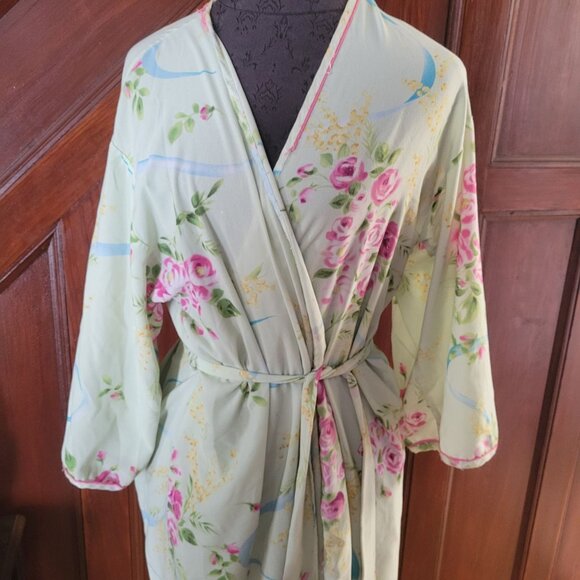 Vintage Oscar De Larenta Floral Robe Wrap Style With Waist Tie S-M Polyester - Picture 6 of 7